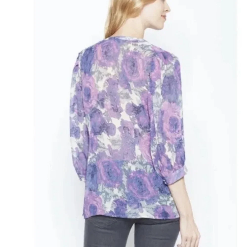 Joie purple floral 100% silk 3/4 sleeve button front top blouse size XS - Picture 3 of 13